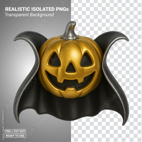 Gold Jack O Lantern With Vampire Cape 3D Icon Transparent PNG file ready to be used.