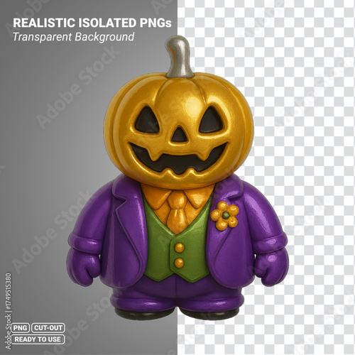 Pumpkin Head Gentleman In Purple Suit 3D Icon Transparent PNG file ready to be used.