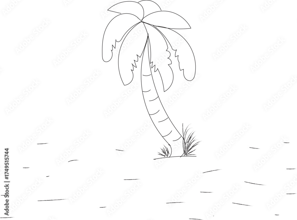 Fototapeta premium Minimalist hand drawn outline of a single palm tree on a sandy beach