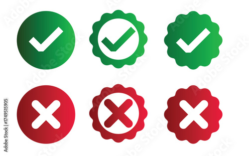Set green approval check mark and red cross icons collection in circle and square, checklist signs, flat checkmark approval badge,  