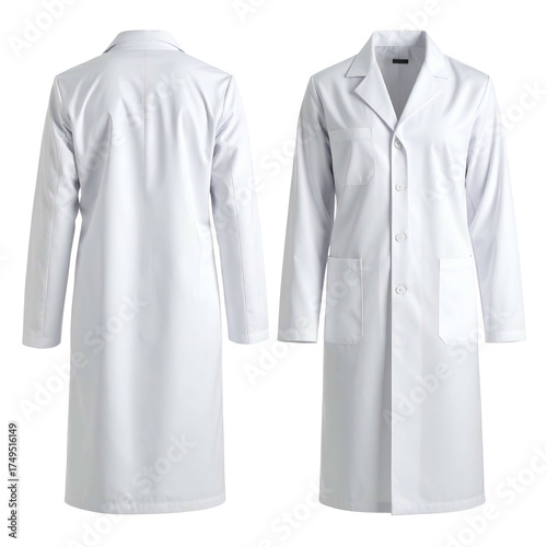 Front and back view of a white lab coat, with long sleeves and pockets
