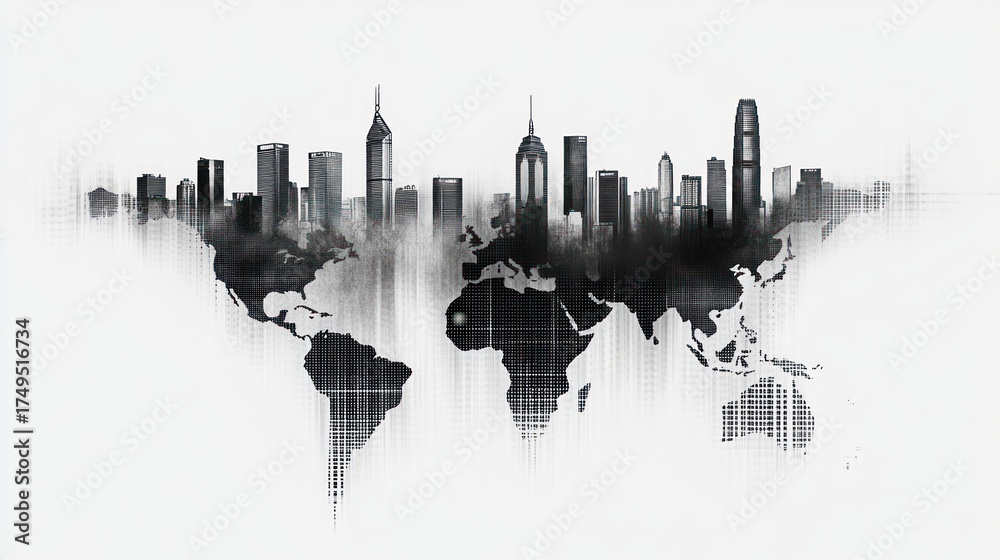Obraz premium World map cityscape overlay, global urban design, background