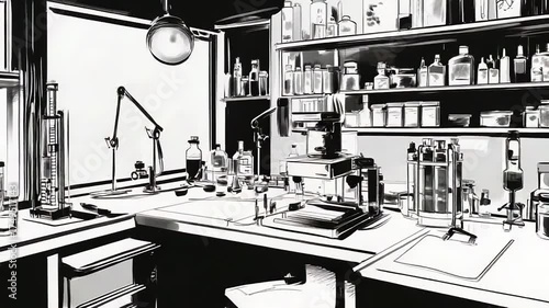 Vintage scientific laboratory interior with research equipment on counters