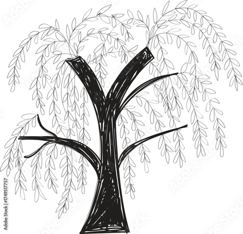 Minimalist black and white sketch of a large tree with a textured canopy
