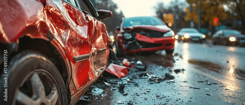 Damaged cars after a traffic accident on a wet city road; the consequences of the accident require urgent intervention.