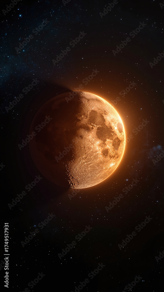 Obraz premium Realistic view of the glowing moon illuminated by the sun in deep outer space with shining stars.