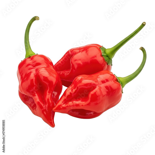Three vibrant red ghost peppers ,Three glowing crimson jalapeño peppers png