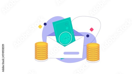 Envelope With Cash And Coin Stacks Illustrating Online Payment, Savings, And Financial Transfer Concepts Modern