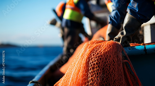 Fishing boat with workers and netting, showcasing the tools and labor involved in the fishing industry against an open water backdrop.