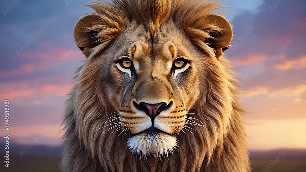 Fototapeta premium Close-up lion portrait with glowing mane illuminated by sunset light