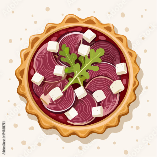 Beetroot tart with goat cheese and parsley vector illustration
