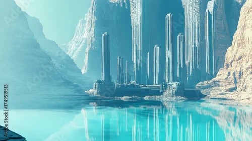 Futuristic sci fi alien city structure by water