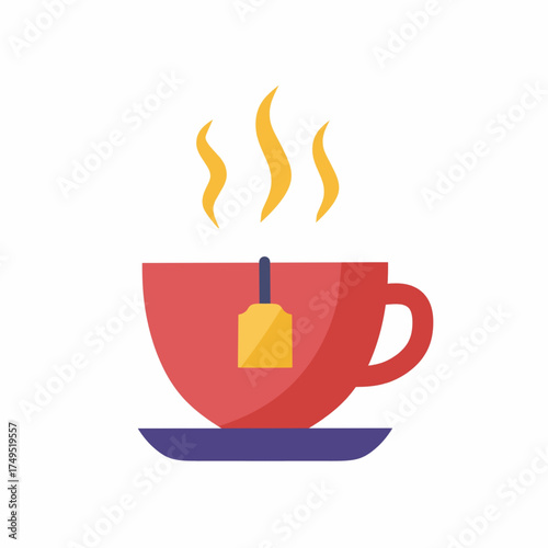 Cozy Tea Time Illustration: Steaming Cup on Saucer with Teabag Graphic
