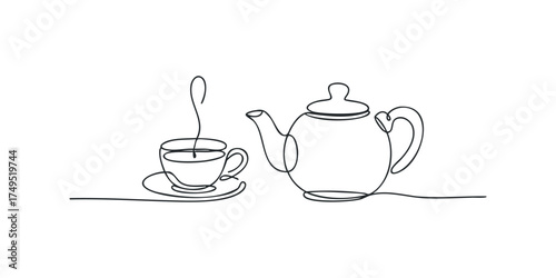 Continuous line drawing of a teapot and teacup