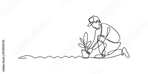 Line drawing of person planting a small sapling