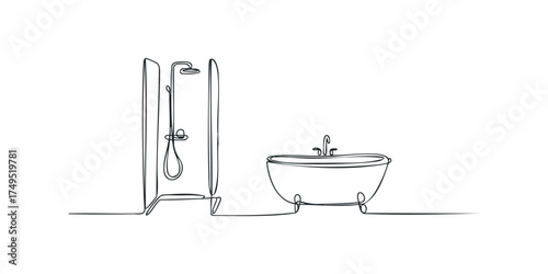 Minimalist line drawing of a bathtub and shower