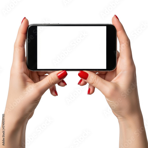 A woman holding a blank screen of a smart phone,png