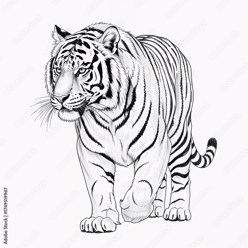 Naklejka premium Sketch beautiful tiger on a white background