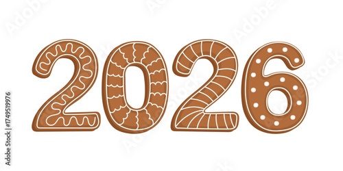 Gingerbread cookies in shape of numbers 2026. Design element for print, greeting card, poster, invitation