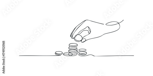 Hand stacking coins in a continuous line drawing
