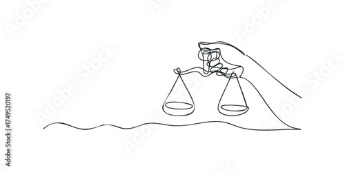 Hand holding antique balance scales drawn in continuous line
