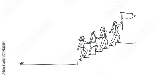 Team climbing stairs towards flag on summit