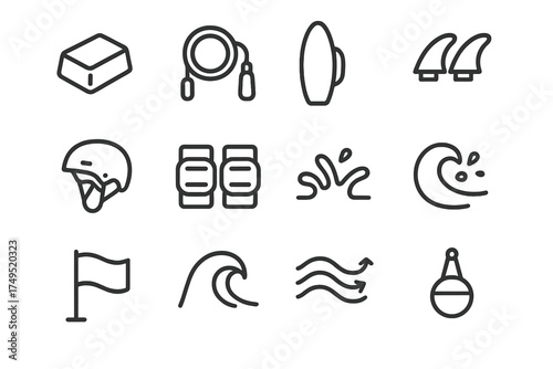 Beach Sports Icon Set. Surfing or beach volleyball tournament celebrations. Line outline icon set of Surfing