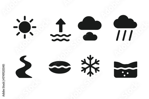 Water Cycle Icons. Water Cycle. Filled icon set of Water Cycle: sun, evaporation arrow, cloud, rain, river,