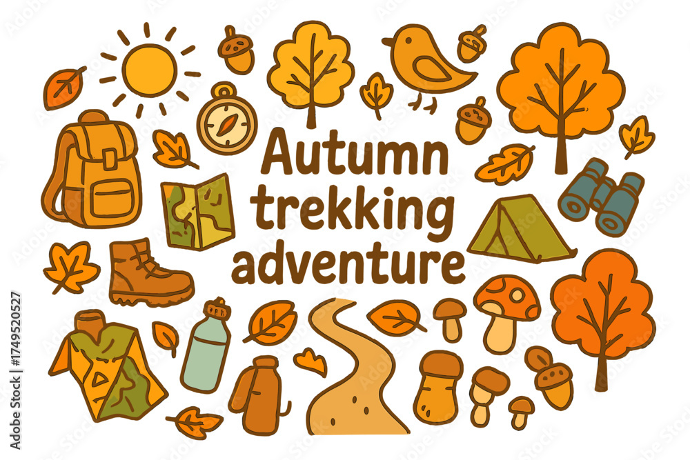 Fototapeta premium Autumn Trekking Adventure. Autumn trekking adventure. Hand-drawn doodle illustration of Autumn trekking