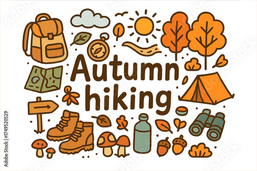 Autumn Hiking Adventure. Autumn hiking. Hand-drawn doodle illustration of Autumn hiking. backpack, hiking