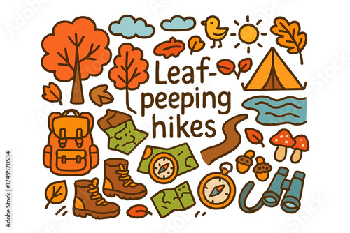 Leaf-Peeping Adventure Illustration. Leaf-peeping hikes. Hand-drawn doodle illustration of Leaf-peeping hikes.