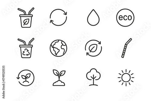 Eco Icon Set. Reusable straw and eco-friendly cup. Line outline icon set of Reusable straw and eco-friendly