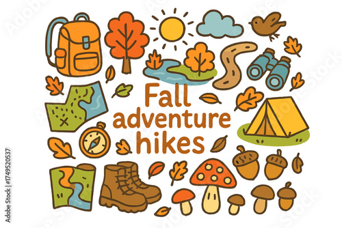 Fall Hiking Doodle. Fall adventure hikes. Hand-drawn doodle illustration of Fall adventure hikes. backpack,