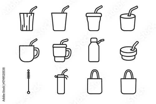 Eco-Friendly Icon Set. Reusable straw and eco-friendly cup. Line outline icon set of Reusable straw and