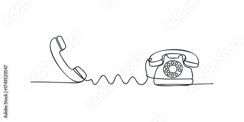 Hand-drawn continuous line sketch of a rotary dial telephone
