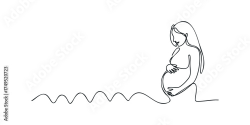 Continuous Line Drawing of Pregnant Woman Holding Belly
