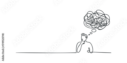 Line art figure contemplating tangled thoughts in speech bubble