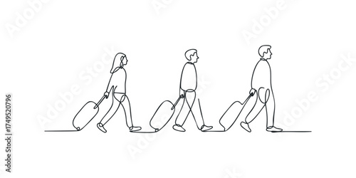 People walking with suitcases one line drawing