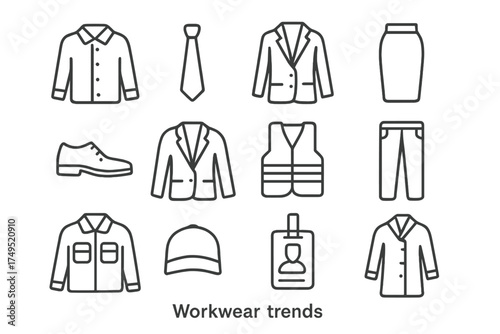 Workwear Icon Set. Workwear trends. Line outline icon set of Workwear trends: office shirt, tie, business