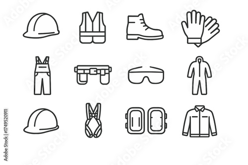 Workwear Icon Set. Workwear trends. Line outline icon set of Workwear trends: safety helmet, high-visibility