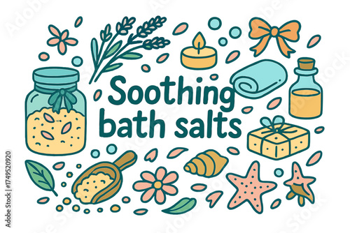 Soothing Bath Illustration. Soothing bath salts. Hand-drawn doodle illustration of Soothing bath salts. jar,
