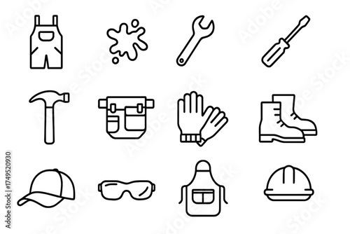 Workwear Icon Set. Workwear trends. Line outline icon set of Workwear trends: mechanic overalls, grease stains