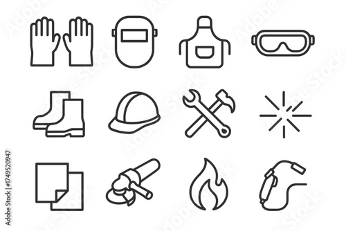 Workwear Icon Set. Workwear trends. Line outline icon set of Workwear trends: welding gloves, protective mask,