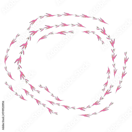 Hand drawn plants, dividers, wreaths, border frames. Circle floral frame with leaves on white background. Vector hand drawn illustration for wallpaper, posters, card. Copy space. Doodle style.