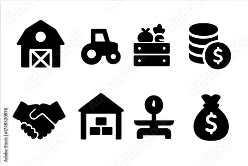 Agri-Business Icon Set. Agri-Business. Filled icon set of Agri-Business: barn, tractor, crate of produce,