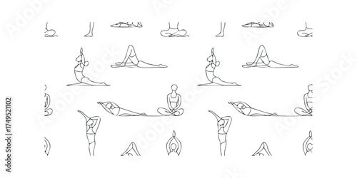 Line art figures performing various yoga poses in a repeating arrangement