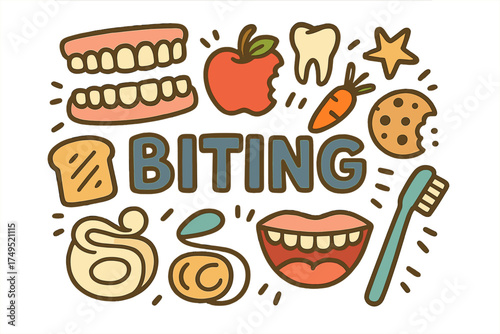 Playful Biting Doodles. Biting. Hand-drawn doodle illustration of Biting. teeth, molar, jaw, tongue, apple,