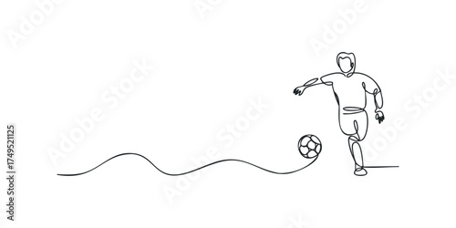 One Line Drawing of a Soccer Player Kicking a Ball