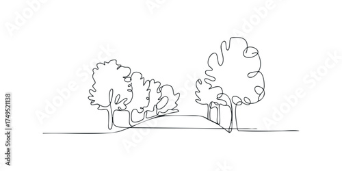 Minimalist continuous line drawing of trees on rolling landscape