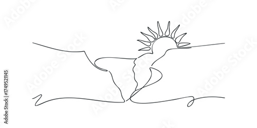 Single line drawing of a person doing yoga pose with sun